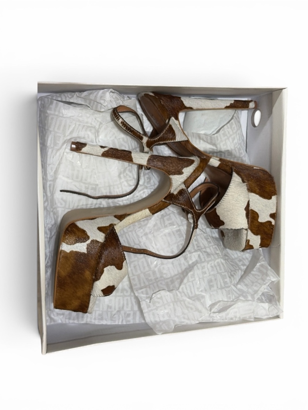 Steve Madden Brown and White Cowhide Platform Heels